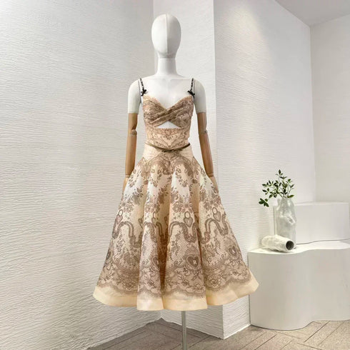 Elegant Floral Print Linen Silk Cut Out Strapless Midi Dress for Women
